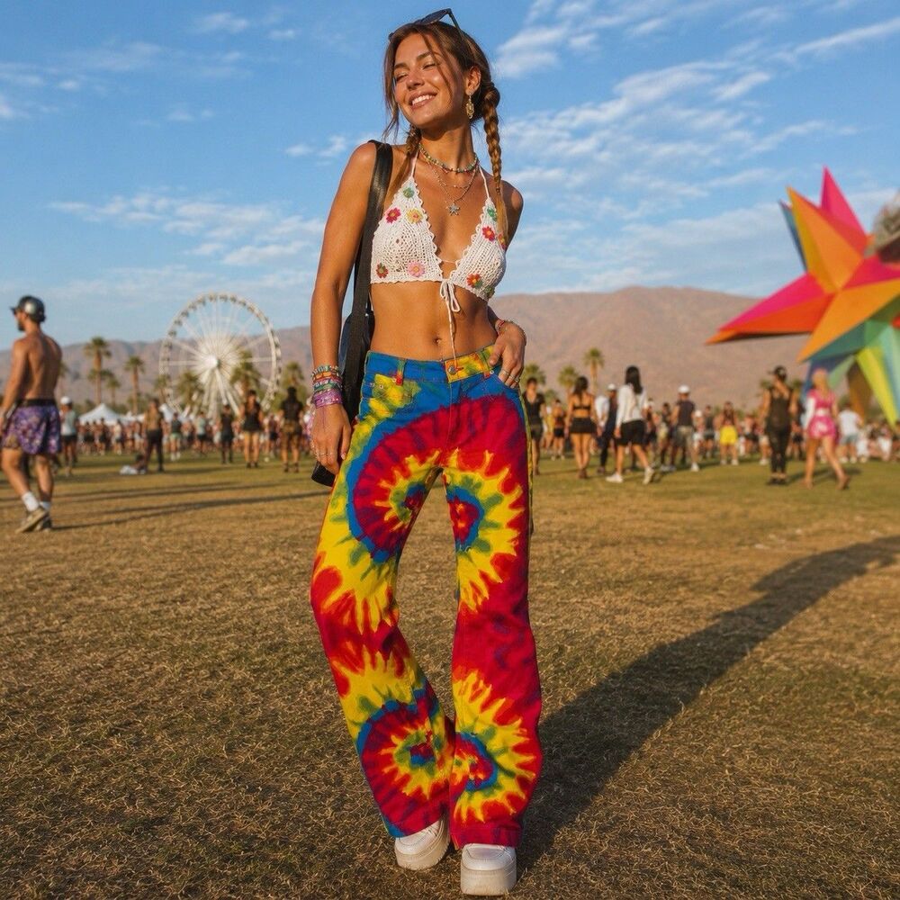 Ranch Dress'n Women's Tie Dye Flare Jeans M Rainbow Psychedelic Festival Boho
